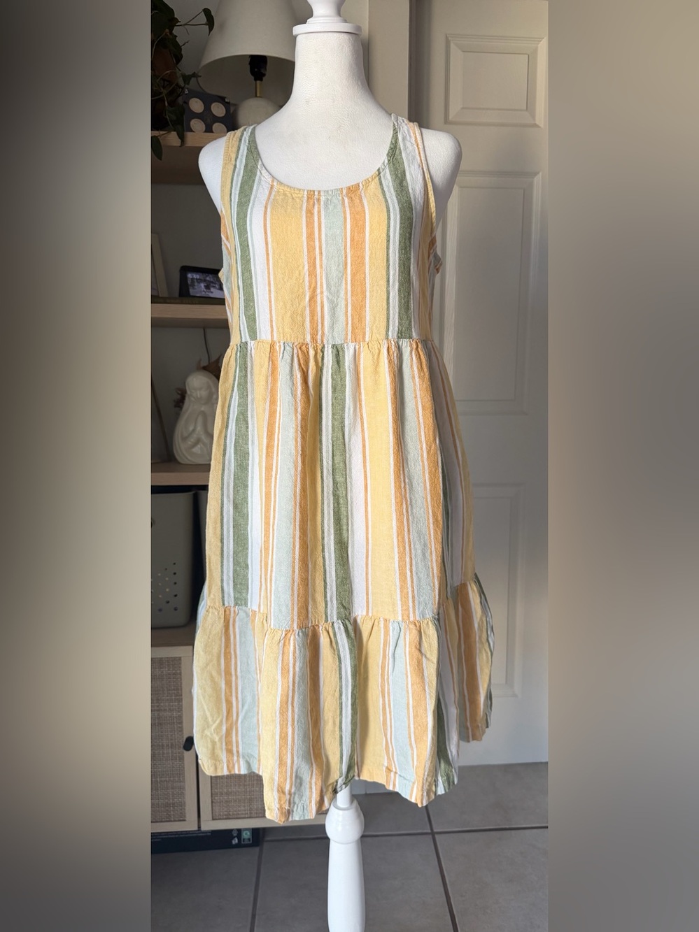 Croft & Barrow Petite M Linen Blend Striped Tiered Midi Dress Pockets